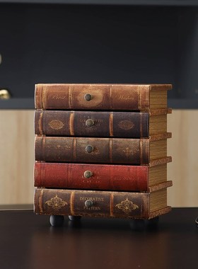 欧式家居书房书桌摆件首饰收纳盒复古木质书盒假书模型摄影道具书