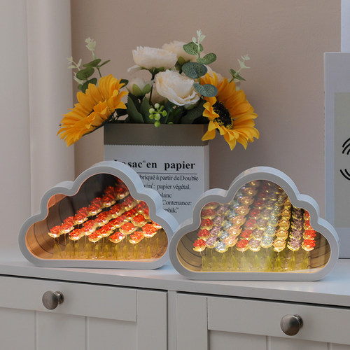 云朵玫瑰花镜子小夜灯花海摆件diy生日礼物送女生闺蜜小众高级感 - 图0