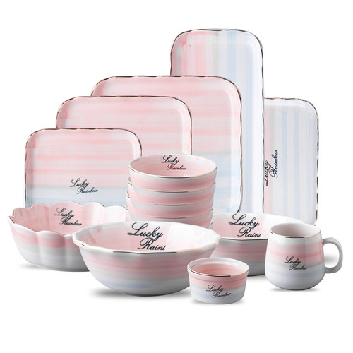 好货Gold Inlay Pink Rainbow Simple Dinnerware Collection Cer - 图2