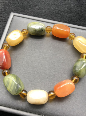 新品天然新疆金丝玉随形方块手链 女款彩色玉石手T串 价格低有瑕