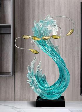 现代创意透明树脂浪花雕塑玄关摆件酒店客厅样板房家居装饰艺术品