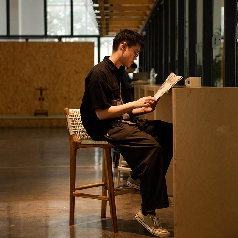 印尼进口岛台椅北欧民宿吧台椅实木藤编咖啡厅高脚椅家用餐椅凳子,淘宝优惠券,粉丝福利购,淘宝优惠卷