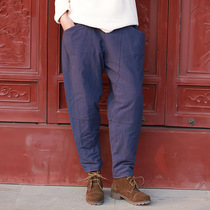 23 Autumn Winter New Cotton Linen Dress Art Retro Casual Cotton Linen Clip Cotton Women Style Splicing Casual Pants Warm Cotton Pants