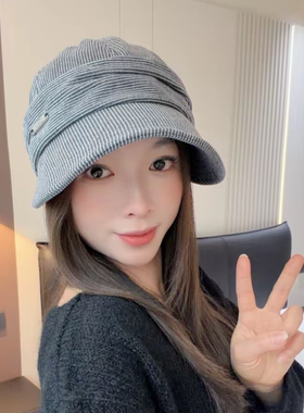 秋冬保暖显脸小条纹大檐鸭舌帽