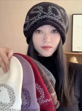秋冬女亮片保暖针织堆堆帽