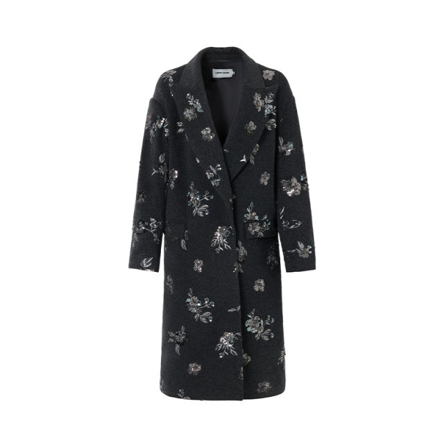 LEDIM WANG珠片重工毛呢外套女冬季新款高级感绵羊毛气质长款大衣