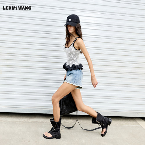 LEDIM WANG荷叶边蕾丝工字吊带背心女黑色修身外穿上衣26夏季新款 - 图1