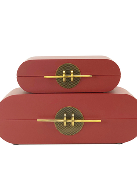 新中式现代简约红色奶白色椭圆形首饰盒收纳盒摆件样板房软装饰品