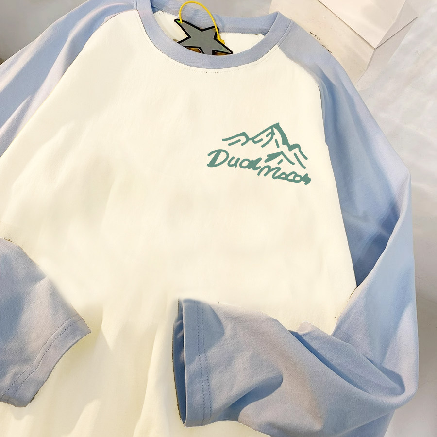 2026新款美式复古拼接插肩T恤女春秋长袖打底衫宽松内搭上衣