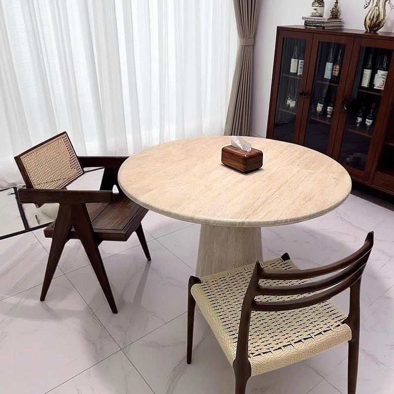 侘寂风天然洞石餐桌圆形椭圆形大理石别墅家用设计师复古简约饭桌,淘宝优惠券,粉丝福利购,淘宝优惠卷