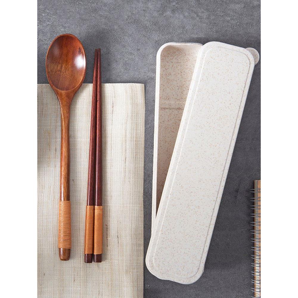 便携式外带木质勺子筷子收纳盒 三件套家用长柄小汤勺餐具盒套装J - 图0