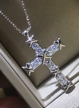 潮酷交叉镶钻十字架锁骨链女生