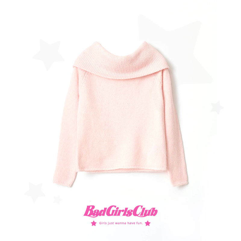 bgc春秋薄款高校辣妹温柔一字肩毛衣纯色翻领上衣马卡龙色长袖女 - 图3
