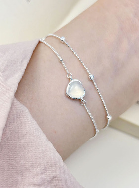 s925纯银白玉髓爱心双层手链女ins夏季甜美仙女风简约小闪珠手饰