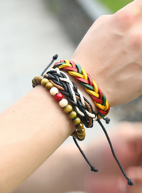简约牙买加男士红黄绿编织牛皮手链嘻哈hiphop街舞diy三件套手环