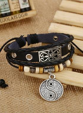 低价促销韩国新款流行饰品 真皮手链 合金太极串珠牛皮手链