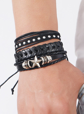 欧美新款饰品个性手工编织皮革手链简约多层diy6件套组合男士手环