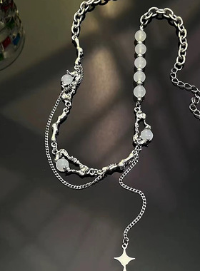 小众设计猫眼石拼接流苏链条项链女夏气质高级感星芒吊坠锁骨链潮