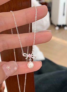 s925纯银蝴蝶结仿施家珍珠项链女ins温柔风甜美少女心粉钻锁骨链