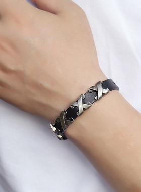 庞克跨境电商货源 酒吧街舞饰品 X钉男士牛皮手链 可调节复古手饰