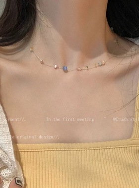 彩色琉璃串珠鱼线项链满天星辰超仙趣味锁骨链博主同款时尚锁骨链