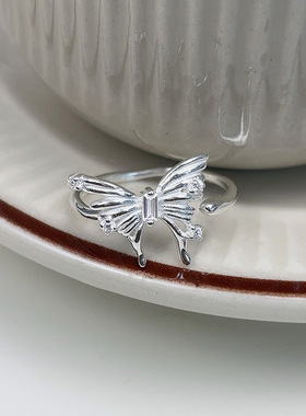 实拍s925纯银不规则立体蝴蝶戒指女ins轻奢仙女精致闪钻开口指环