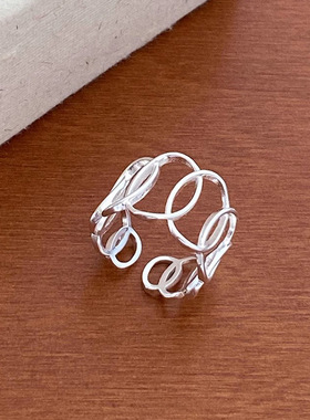 s925纯银几何镂空椭圆戒指女ins小众极简主义不规则圆圈开口指环