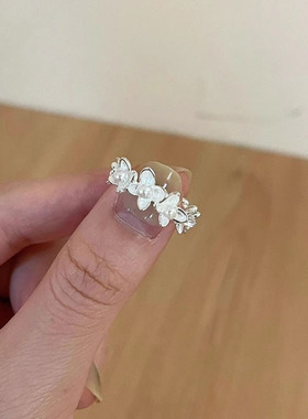 s925纯银珍珠山茶花戒指女ins小众轻奢设计仙气甜美花与蝴蝶指环