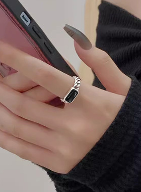 s925纯银黑玛瑙链条戒指女 甜酷风ins潮个性百搭复古镂空开口指环