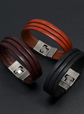 欧美时尚流行饰品个性复古男士牛皮手链原宿风街头演出简约手环