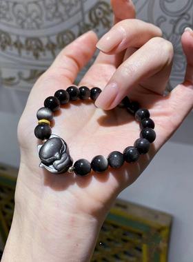 天然银手串银曜石手链男女同款醒狮狐仙 本命年颗颗猫眼超高品级