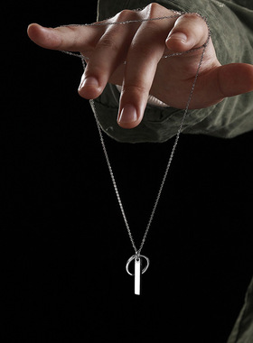 s925纯银IO指环项链男ins嘻哈潮牌长棍吊坠小众设计高级感毛衣链