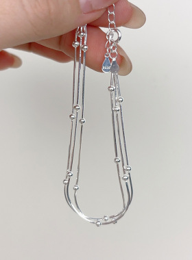 s925纯银小圆珠三层蛇骨手链女ins极简风小众高级感多层银珠手饰