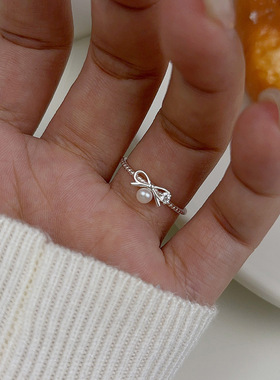 新概念s925纯银蝴蝶结淡水珍珠戒指女甜美轻奢少女心精致闪钻指环