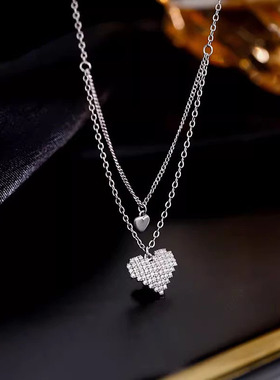 s925纯银双层爱心项链女ins夏季小众轻奢设计甜美心形闪钻锁骨链