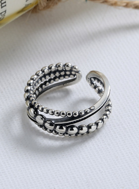 新概念s925银 缠绕交叉圆珠多层泰银戒指复古做旧ins个性新潮指环