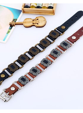 欧美时尚潮男手镯 简约个性连接男士牛皮手链 朋克风街头演出手饰