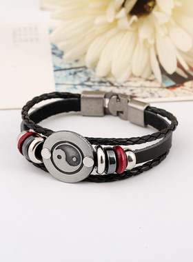 厂家直销简约合金八卦编织牛皮手链个性太极阴阳图案串珠皮革手环