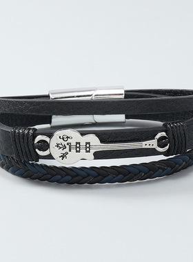 欧美新款朋克皮革手环潮男流行吉他PU皮手链时尚多层编织磁扣手环