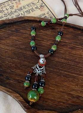 民族风陶瓷串珠项链女复古波西米亚长款颈链度假风百搭可调节配饰
