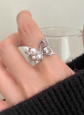 轻奢风小众设计金属立体镂空蝴蝶珍珠戒指时尚气质百搭开口食指戒