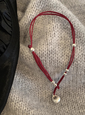 s925纯银银坨坨红绳手链女ins新年氛围高级感编织手绳本命年礼物