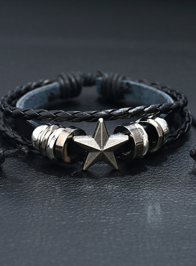 厂家直销货源五角星串珠牛皮手链个性编织学生饰品可调节皮革手链