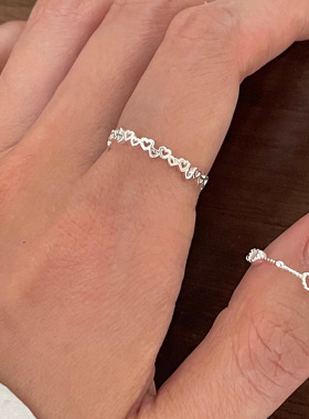 s925纯银爱心镂空扁豆戒指女 迷你简约百搭细戒ins圆珠线条食指环