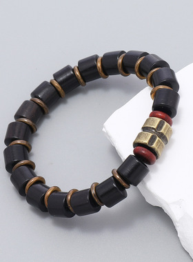 跨境欧美个性时尚潮流百搭男士手工串珠复古黑色木珠手链手饰