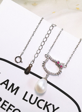 韩版新款S925银小猫项链淡水珍珠可爱猫咪项饰锁骨链DIY空托厂家