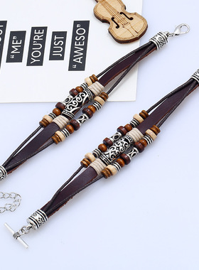 欧美朋克手工串珠牛皮手链复古合金情侣皮革手环饰品跨境电商货源