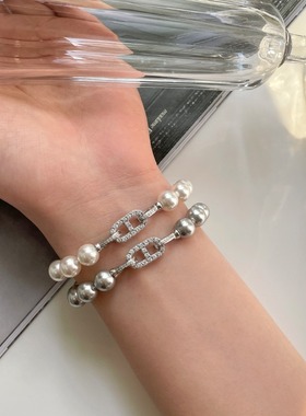 微镶锆石日字扣时尚轻奢高级感施家人造珍珠手链真多麻澳白色