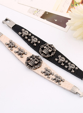 手链欧美新款对扣真皮手链 庞克跨境骷髅头牛皮手链朋克饰品