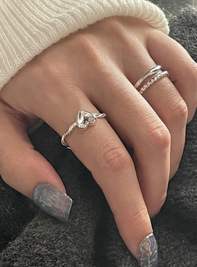 s925纯银爱心戒指女冷淡风小众设计ins光面心形麻花扭绳开口指环